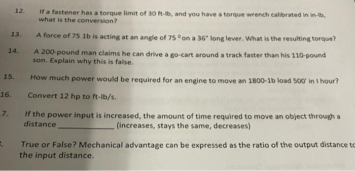 Solved 12. 13. 14. If a fastener has a torque limit of 30 | Chegg.com