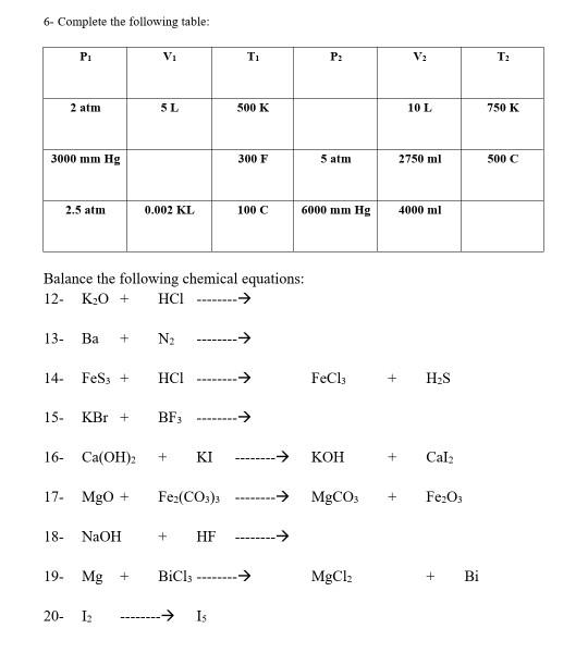 Solved 6 Complete The Following Table P P T 2 Atm 5l Chegg Com