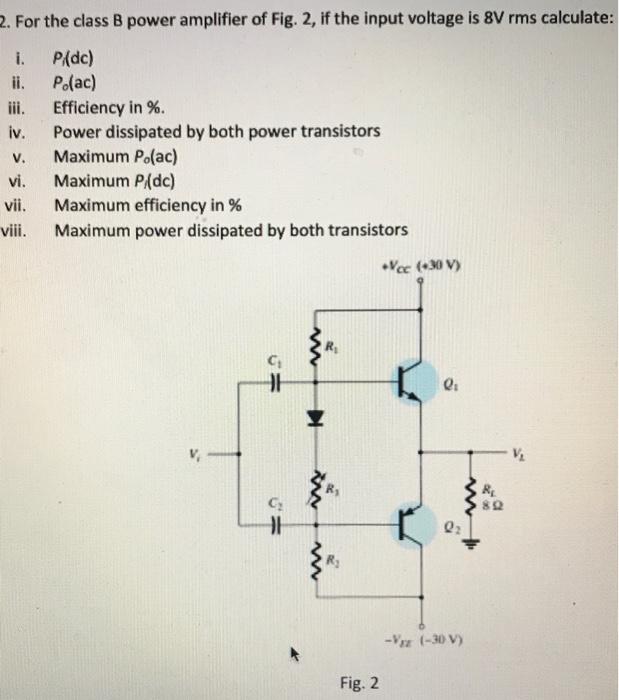 Solved 2. For the class B power amplifier of Fig. 2, if the | Chegg.com