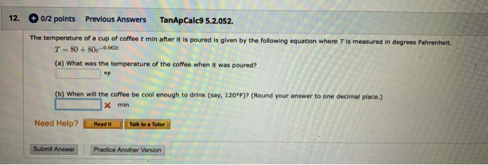 Solved 12 0 2 Points Previous Answers Tanapcalc9 5 2 052 Chegg Com