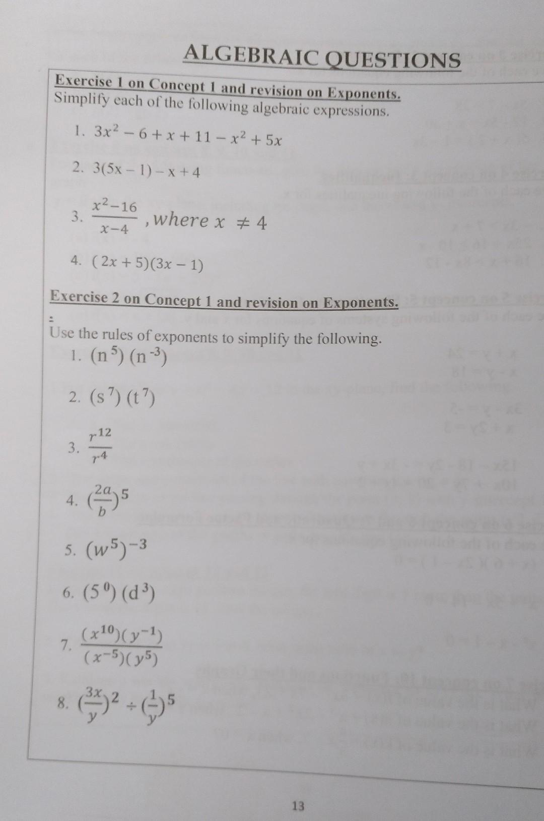 Solved Exercise 1 on Concept 1 and revision on Exponents. | Chegg.com