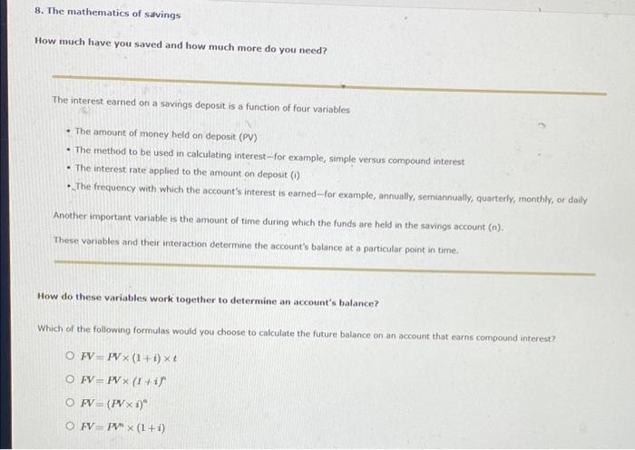 Solved 8. The mathematics of savings How much have you saved | Chegg.com