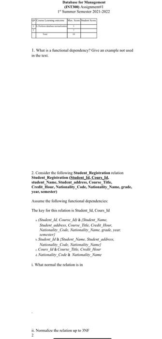 Solved B-- Database for Management (INT300) Assignment 1 | Chegg.com