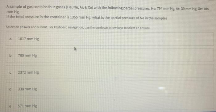 Solved A sample of gas contains four gases (He, Ne, Ar, & | Chegg.com