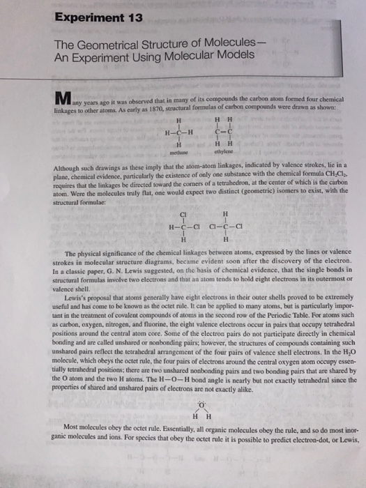 Experiment 13 The Geometrical Structure Of Molecules Chegg 