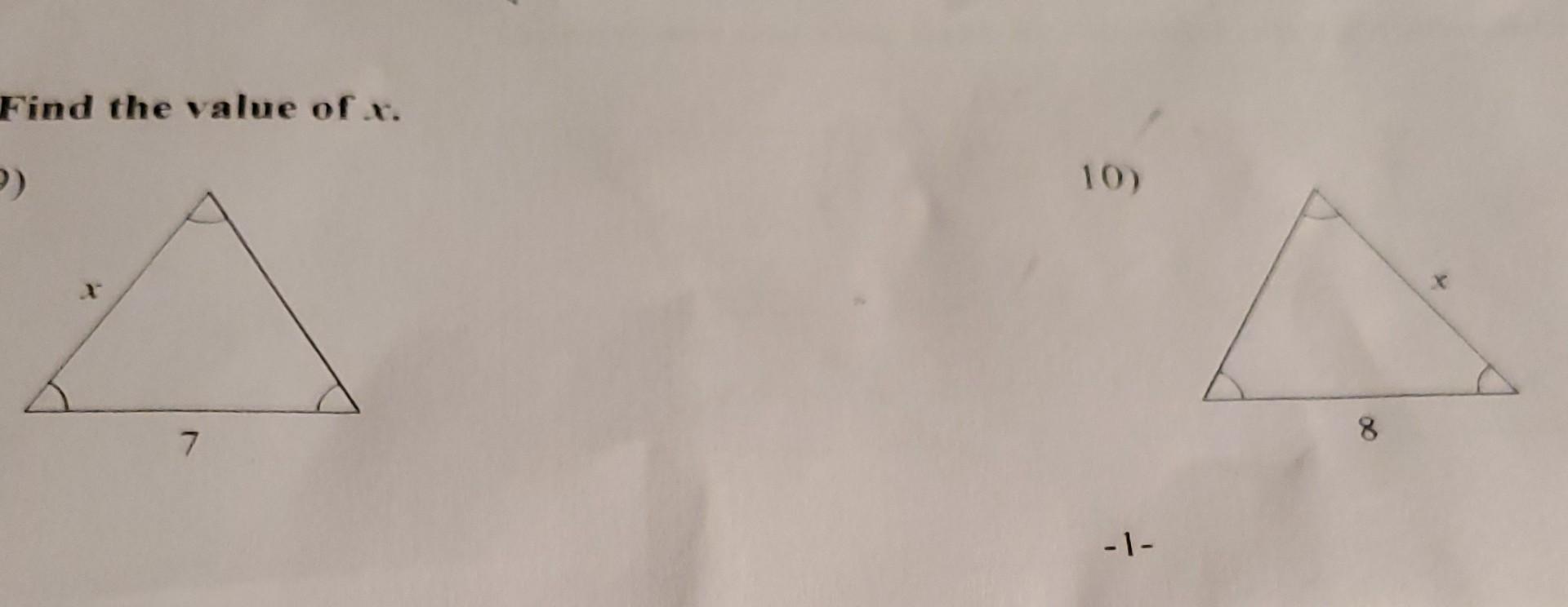 find the value of x questions class 10