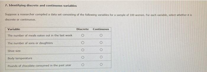 Solved 7. Identifying discrete and continuous variables | Chegg.com