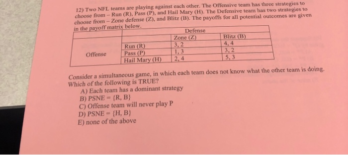 Solved 12 Two Nfl Teams Are Playing Against Each Other