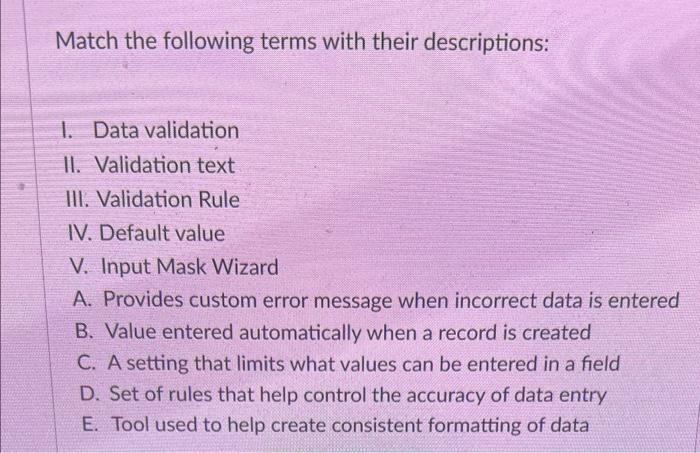 Solved Match the following terms with their descriptions: 1 