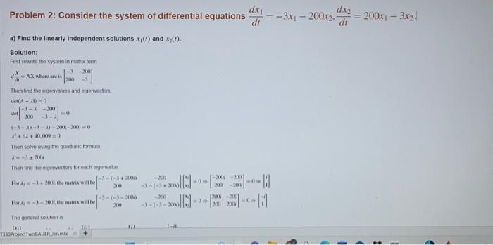 Solved Problem 2: Consider the system of differential | Chegg.com