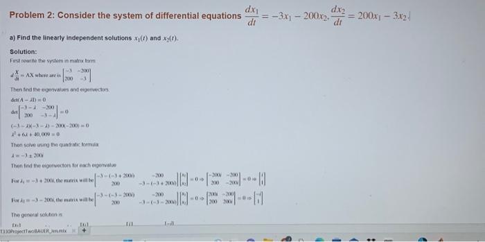 Solved Problem 2: Consider The System Of Differential | Chegg.com