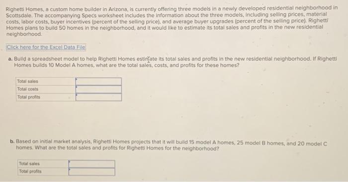 Solved Righetti Homes, a custom home builder in Arizona, is | Chegg.com