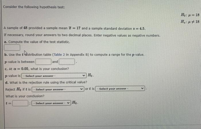 Solved Consider The Following Hypothesis Test Ho 18 H