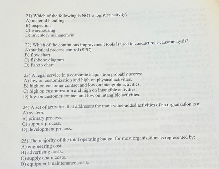 Solved 21) Which of the following is NOT a logistics | Chegg.com