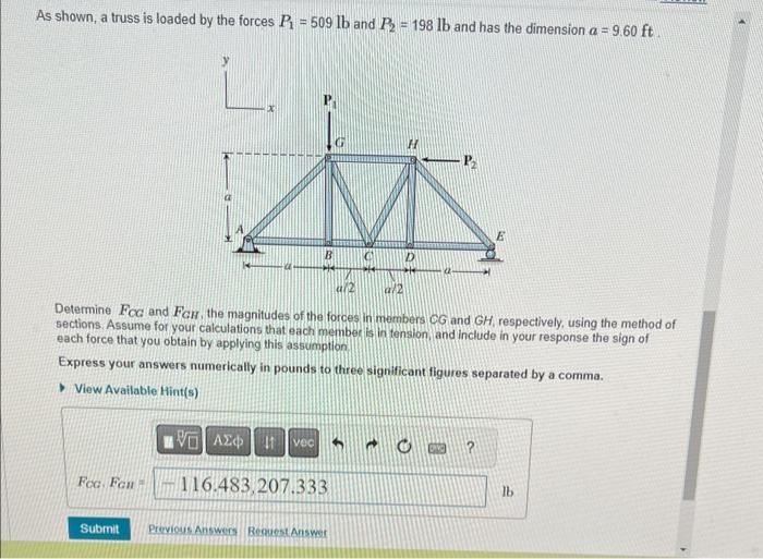 Solved As shown, a truss is loaded by the forces P1=509lb | Chegg.com