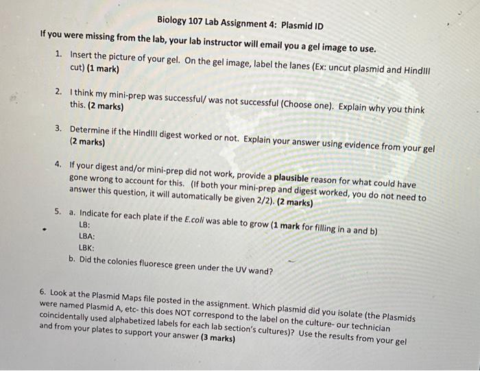 Solved Biology 107 Lab Assignment 4 Plasmid ID If you were