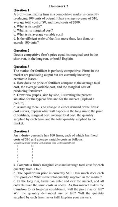 Solved Homework 2 Question 1 A Profit-maximizing Firm In A | Chegg.com