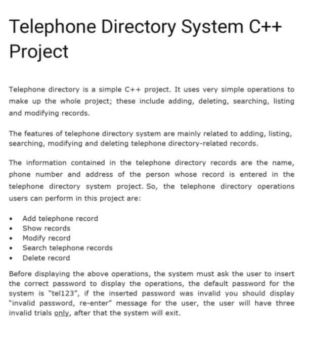 Solved Telephone Directory System C++ Project Telephone | Chegg.com