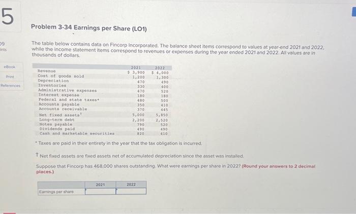 Solved Problem 3-34 Earnings Per Share (LO1) The Table Below | Chegg.com