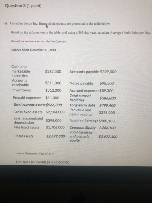 Solved Question 3 (1 point) a) Canadian Bacon Inc, financial
