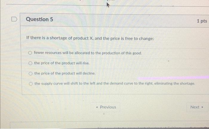 Solved Question 5 1 pts If there is a shortage of product X, | Chegg.com