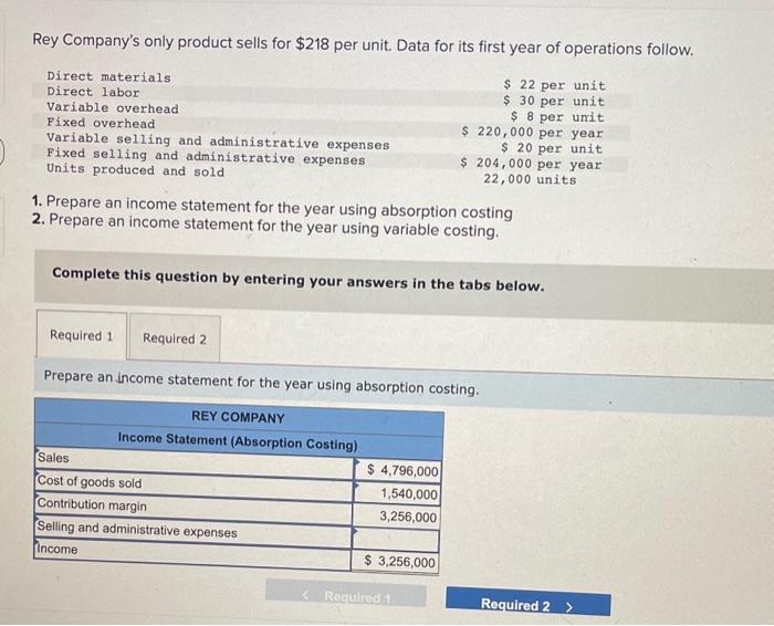 Solved Rey Companys Only Product Sells For 218 Per Unit