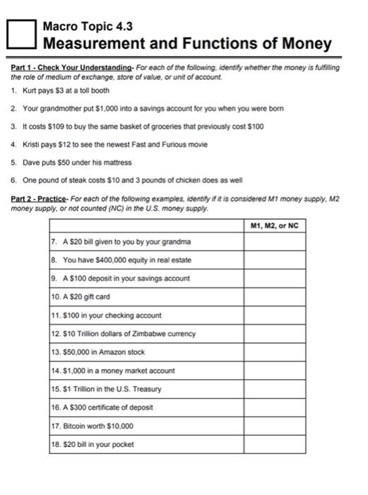 Solved Macro Topic 4.3 Measurement and Functions of Money