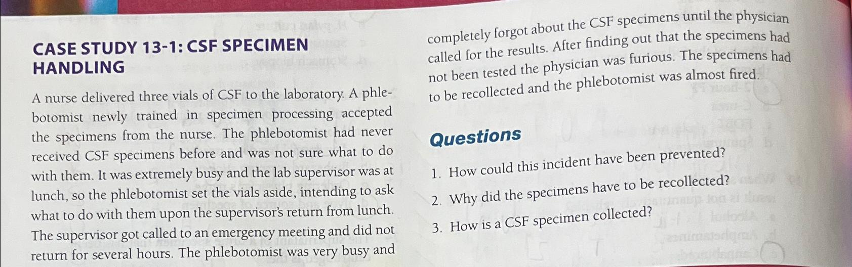 Solved CASE STUDY 131 CSF SPECIMEN HANDLINGA nurse
