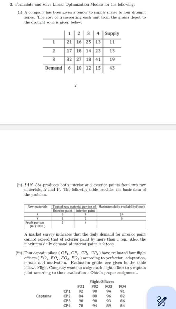 Solved 3. Formulate And Solve Linear Optimization Models For | Chegg.com