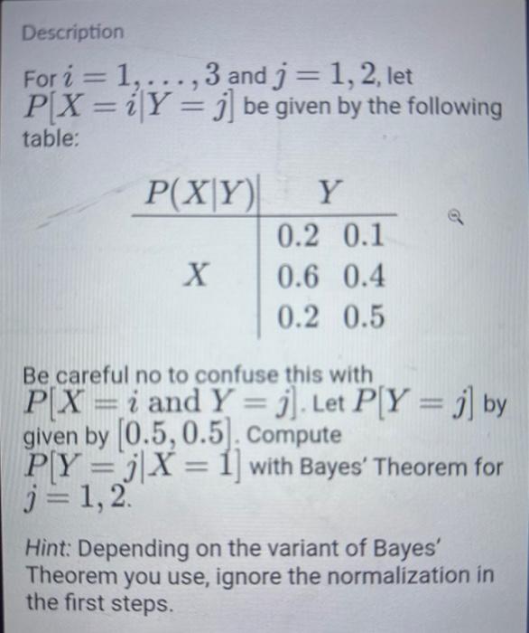 Solved Description For I=1,…,3 And J=1,2, Let P[X=i∣Y=j] Be | Chegg.com