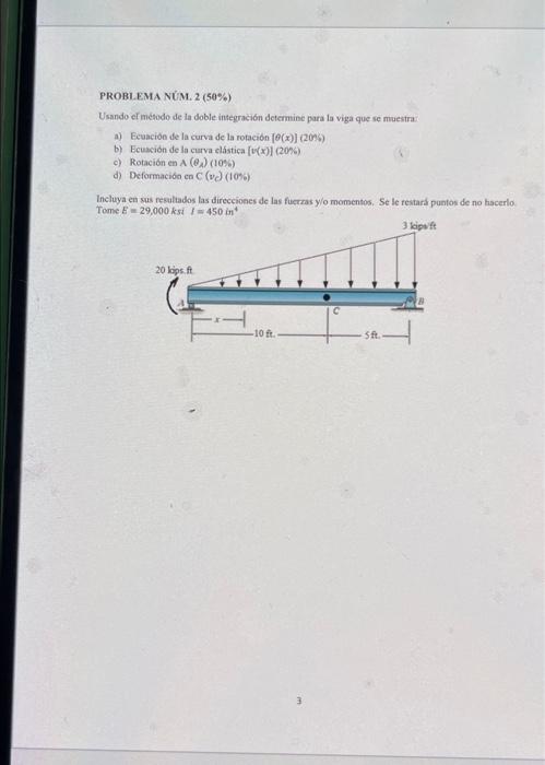 PROBLEMA NUMM. \( 2(50 \%) \) Usando el méodo de la doble integracion decemine para la viga que se muestra a) Fivación de la