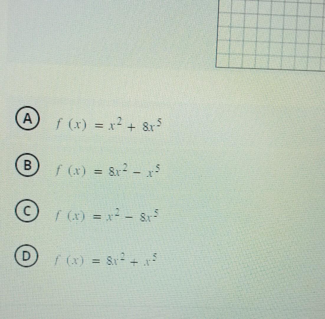 (A) \( f(x)=x^{2}+8 x^{5} \) \( f(x)=8 x^{2}-x^{5} \) \( f(x)=x^{2}-8 x^{5} \) \( f(x)=8 x^{2}+x^{5} \)