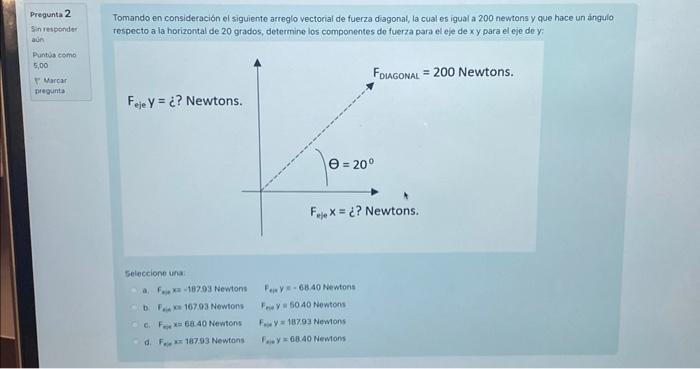 Tomando en consideración el siguiento arreglo vectorial de fuerza diagonal, la cual es igual a 200 newrons y que hace un ángu