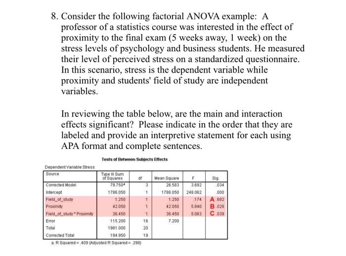 Solved 8. Consider the following factorial ANOVA example: A | Chegg.com