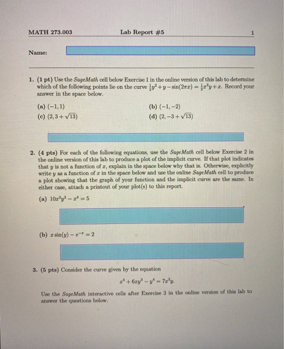 MATH 273.003 Lab Report #5 1 Name: 1. (1 pt) Use the | Chegg.com