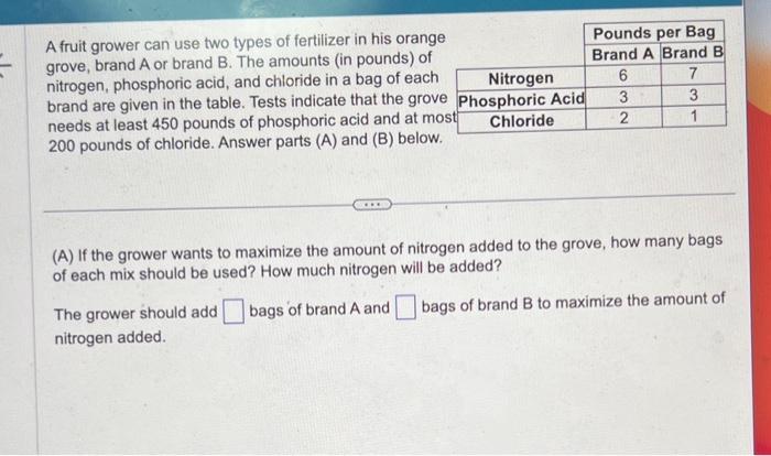 Solved A Fruit Grower Can Use Two Types Of Fertilizer In His | Chegg.com