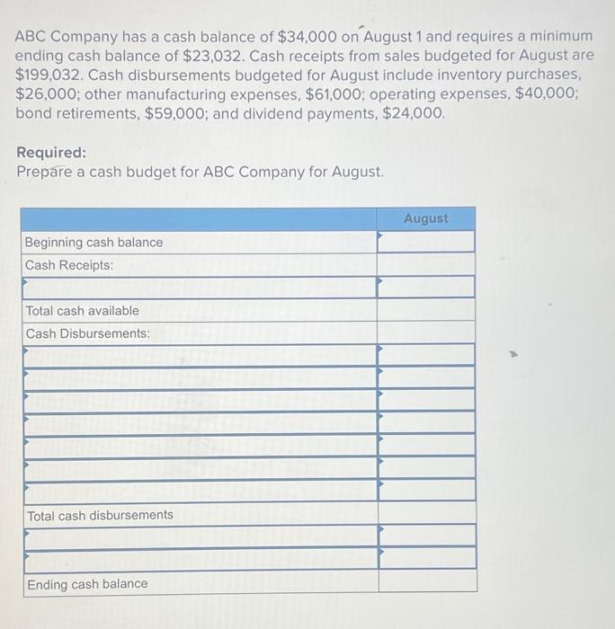 Solved ABC Company has a cash balance of $34,000 on August 1 | Chegg.com