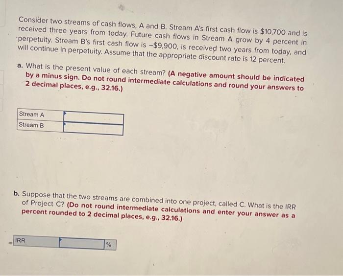 Solved Consider Two Streams Of Cash Flows, A And B. Stream | Chegg.com
