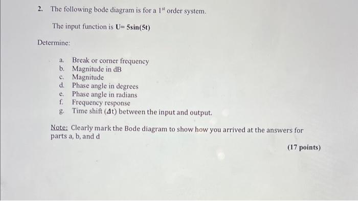 Solved 2. The following bode diagram is for a 1st order | Chegg.com