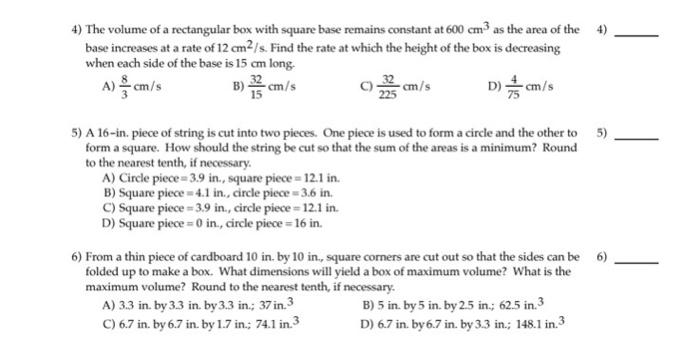 Solved 4) The volume of a rectangular box with square base | Chegg.com