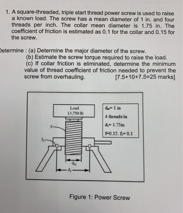 Solved 1. A squarethreaded, triple start thread power screw