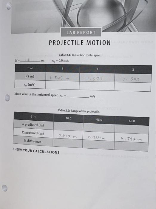 Solved LAB REPORT PROJECTILE MOTION SE Table 2.1: Initial | Chegg.com