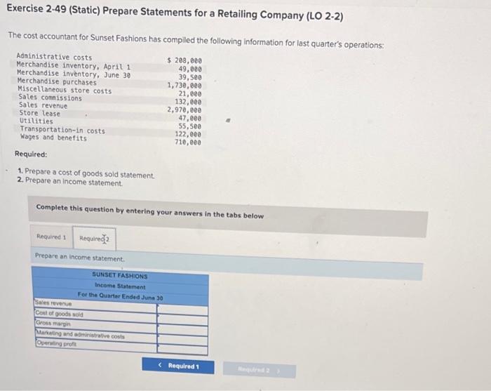 Solved Exercise 2-49 (Static) Prepare Statements for a | Chegg.com