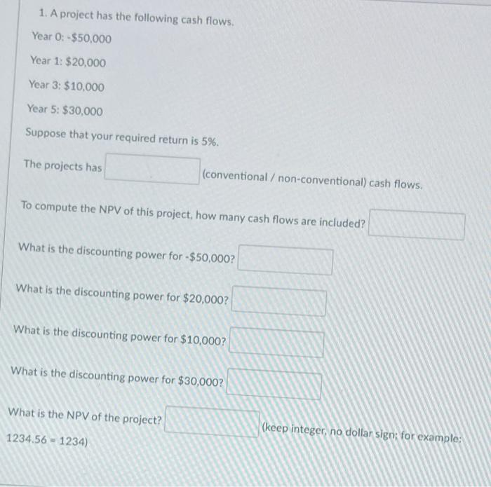 Solved 1. A project has the following cash flows. Year 0
