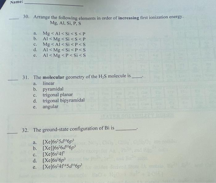 Solved Name: 30. Arrange the following elements in order of | Chegg.com