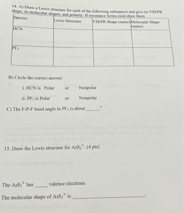 Solved 14. A) Draw a Lewis structure for each of the | Chegg.com