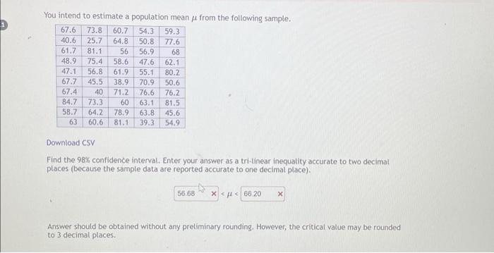 Solved 1 You intend to estimate a population mean from the | Chegg.com