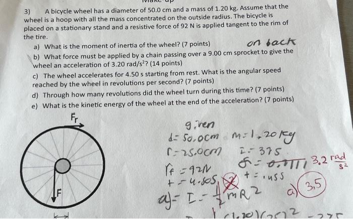 Solved 3) A bicycle wheel has a diameter of 50.0 cm and a | Chegg.com