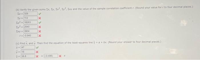 (b) Verify the given sums \( \Sigma x, \Sigma y, \Sigma x^{2}, \Sigma y^{2}, \Sigma x y \) and the value of the sample correl