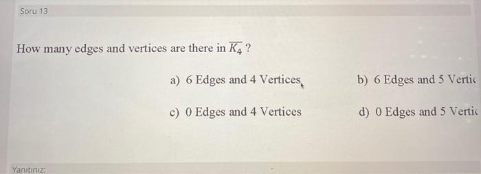Solved Soru 13 How many edges and vertices are there in K4 ? | Chegg.com